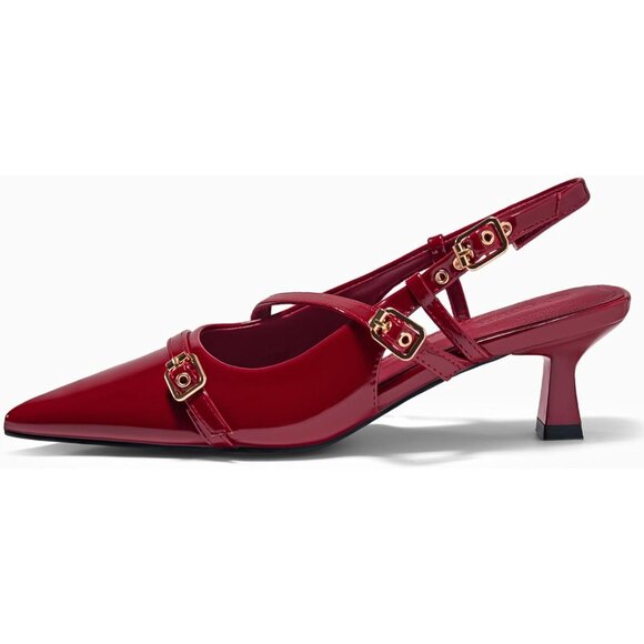 Women's Red Slingback Kitten Heels Low Heel Closed Pointed Toe Pumps Buckle - Picture 2 of 4